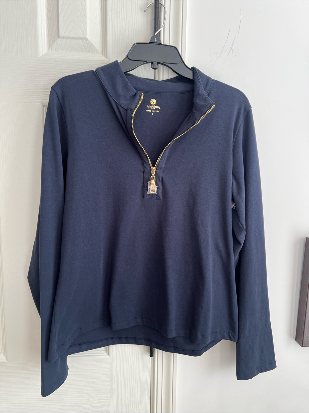 Spartina 449 Navy Pullover with Gold Nora Half-zip L